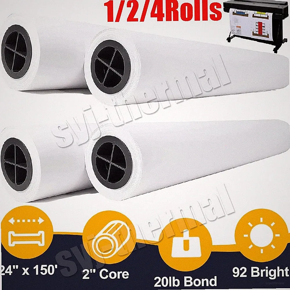 1/2/4 rolls 24" x 150' 20lb Bond Plotter Paper for Wide Format Inkjet Printers
