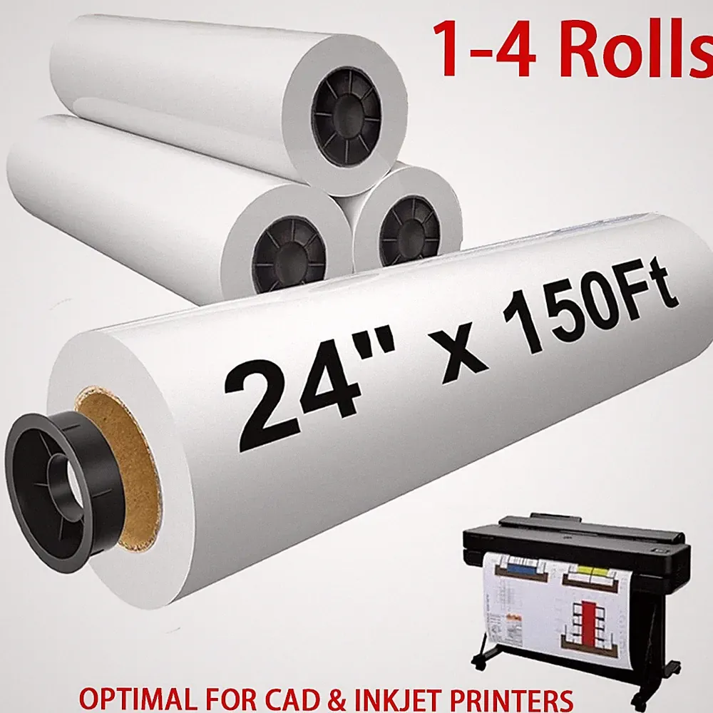 1-4 Rolls 24"x150' CAD Bond Plotter Paper for Wide Format Inkjet Printers 2"Core